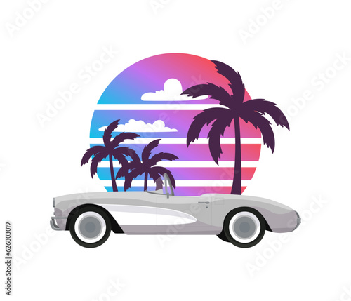 Classic corvette car on summer sunset with palm trees background in retro vintage style. Design print illustration, sticker, poster. Vector