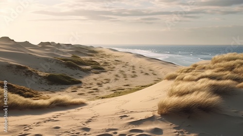Panoramic landscape of dunes stretching alongside the sea