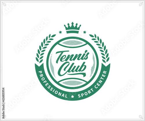 Tennis club logo template. Sport label with sample text. Tennis emblem for tournament, recreation or clubhouse