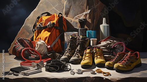 rock climbing equipment spread out, chalk bag, harness, carabiners, quickdraws, shoes, atmospheric lighting, focus on texture and material, painterly brush strokes