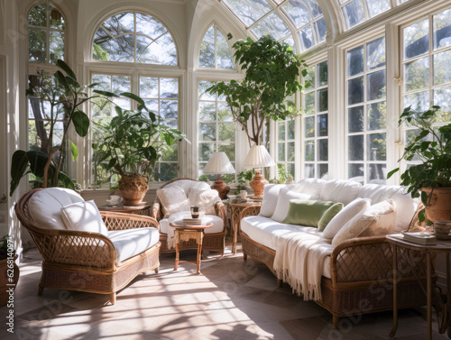 Bright and airy sunroom with wicker furniture, a light and airy furnished conservatory with view of trees in the background. Generative AI.