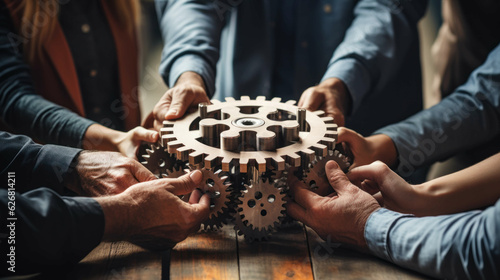 teamwork in action - group of people meticulously assembling gears on a table, epitomizing the collaborative effort in project realization, optimized for 16:9 HD and social media usage. Ai generated