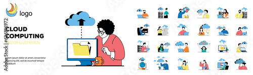 Cloud computing concept with character situations mega set. Bundle of scenes people downloading data and storing on server, using online database and hosting. Vector illustrations in flat web design