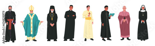 Catholic church characters. Christian religion church leaders in different clothes, catholicism religious clergyman pastor priest pope. Vector cartoon set