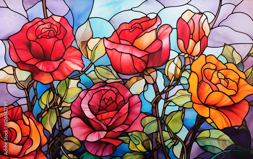 Abstract colorful floral background with roses. Stained glass window. Generative AI technology