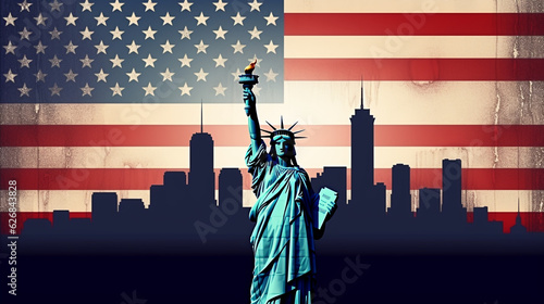 statue Patriot Day background new york city skyline and American grunge flag vector