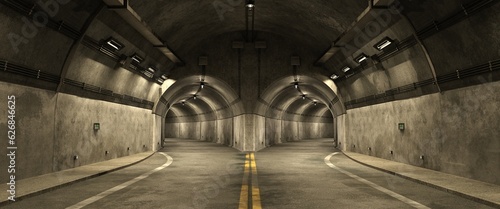 3D render of a road tunnel branching into two paths with night illumination. Photorealistic 3D illustration.