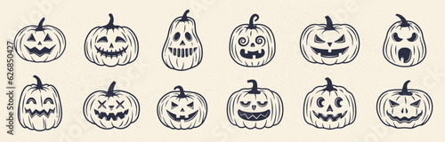 Halloween pumpkin icons set. Vintage funny pumpkins isolated on white background. Monsters faces. Vector illustration