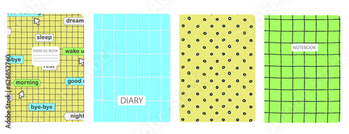 Cover page templates based on seamless geometric patterns with button, cursor, handdrawn shape, wavy, lines. Backgrounds for notebooks, notepads, diaries. Headers isolated and replaceable