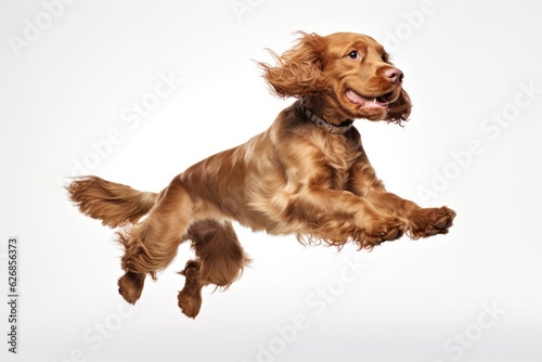 Jumping Moment, English Cocker Spaniel Dog On White Background. Jumping Moment, Cocker Spaniel, White Background, Dog Agility, Dog Sports, Breed Characteristics. 