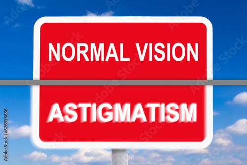 Example of normal vision versus eyesight with Astigmatism, an optical aberration of the cornea, causing blurred or blurry vision at all distances.