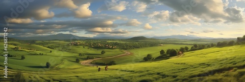 Countryside at the morning photo realistic illustration - Generative AI.