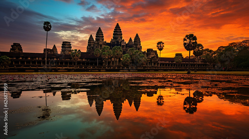 Angkor Wat, highly detailed, silhouette during sunrise, vibrant sky, ancient stone carvings