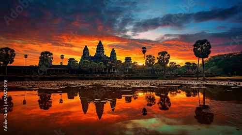 Angkor Wat, highly detailed, silhouette during sunrise, vibrant sky, ancient stone carvings