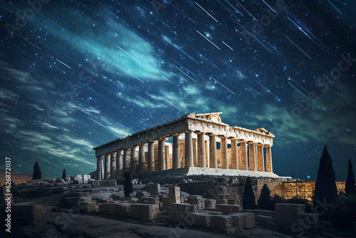 Acropolis, under the starry sky, Parthenon illuminated, Olympus cityscape