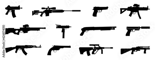 Weapon silhouette collection. Set of black weapon silhouette in side view. Weapon, shotgun, rifle, sniper rifle, gun
