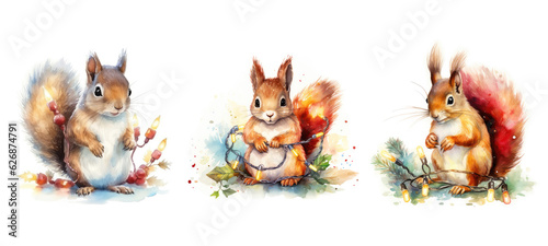 happy cute squirrel in christmas lights watercolor ai generated