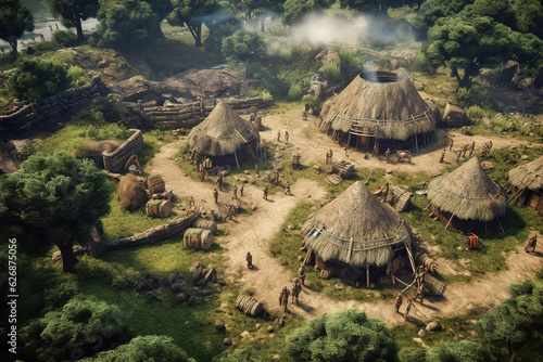 Prehistoric human settlement with people living there, AI generated illustration.