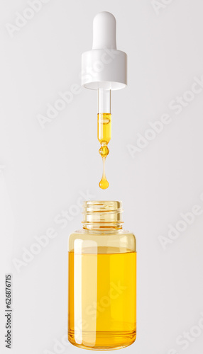 Cosmetic oil test, beauty product opened bottle with dropper and yellow liquid, 3d rendering