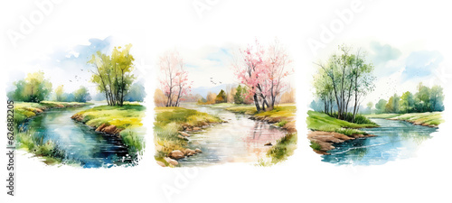 nature spring river landscape watercolor ai generated