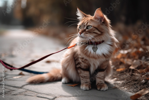 Cat on a leash in a park. Generative AI