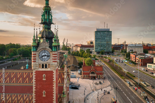 Main Railway Station in Gdansk at sunset, Poland.