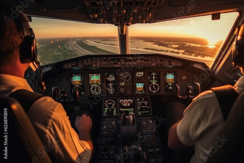 Cockpit with pilots during aircraft control