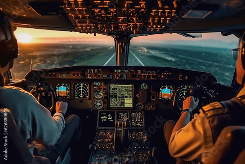 Cockpit with pilots during aircraft control