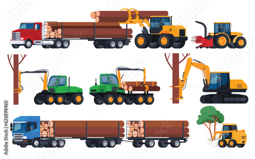 Harvesting wood. Special transport for felling and transporting trees. Cleaning the forest from old dead trees. Vector illustration