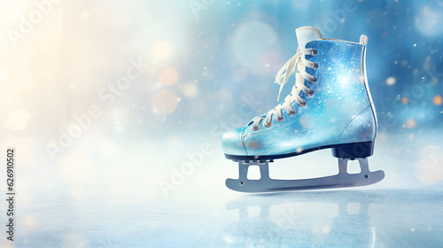 A single shiny blue ice skate on light blue bokeh background. Blue glittering ice skates banner with copy space for text. Winter sports and activity concept, figure ice skating background. AI