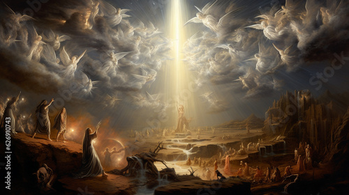 A captivating portrayal of the Annunciation to the Shepherds, with angels appearing to announce the birth of Jesus in a heavenly glow Generative AI