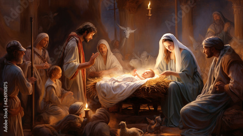 A captivating portrayal of the Nativity scene, with baby Jesus lying in the manger, surrounded by Joseph, Mary, and angels Generative AI