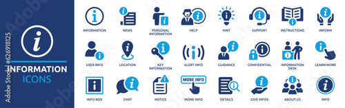 Information icon set. Containing info, help, inform, support, news, about us, instructions and notice icons. Solid icon collection. Vector illustration.