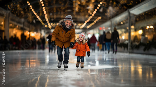 Little girl and her grandfather skating on ice rink at Christmas time.