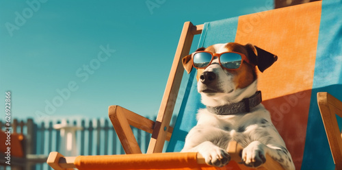 dog vacation sunglasses lazy relax funny summer beach chair pet. Generative AI.