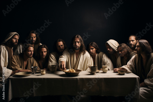 A captivating depiction of a reenactment of the Last Supper, with actors portraying Jesus and his disciples in a moving tableau Generative AI