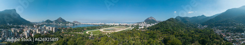 Aerial view of Rio de Janeiro from the botanical garden. Views. Nature skyscrapers, lagoon and racecourse. Urban center of the city. Brazil 06-07-2023 