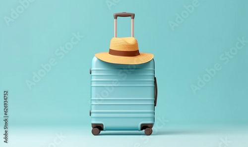 background baggage travel blue journey hat suitcase holiday vacation trip yellow. Generative AI.