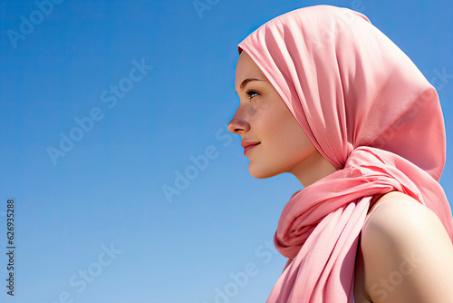 view of a woman with a pink headscarf, concept visualization breast cancer