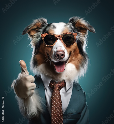 portrait of a cool dog showing a thumbs up wearing sunglasses and a suit