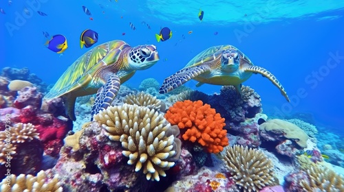turtle with Colorful tropical fish and animal sea life in the coral reef, animals of the underwater sea world