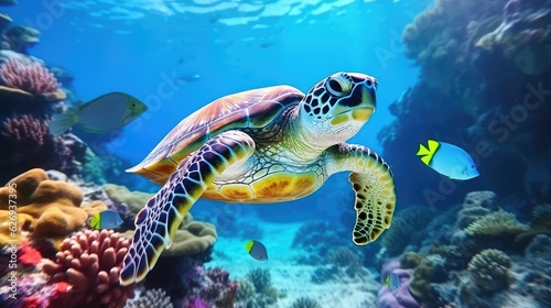 turtle with Colorful tropical fish and animal sea life in the coral reef, animals of the underwater sea world