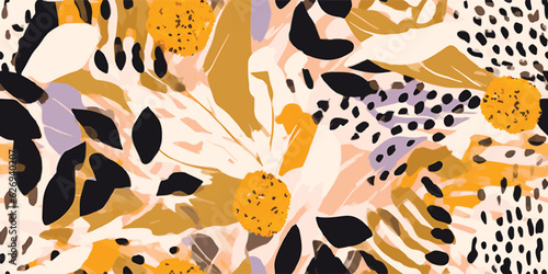 Hand drawn abstract floral pattern with leopards skin. Creative collage contemporary seamless pattern. Natural colors. Fashionable template for design