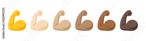 Muscle icon set, flexed bicep arm icon hand emoji. Feats of strength sign - Biceps musclar arm icon - Flexing arm muscles, strong icons