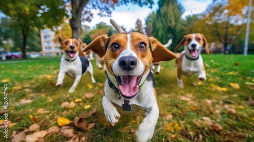 Cute funny beagle dogs group running and playing on green grass in park in autum, Generative AI