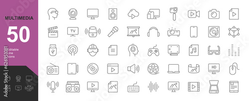 Multimedia Line Editable Icons set. Vector illustration in thin line style of modern digital technology icons: photo, video, music, audiovisual equipment, and more. Isolated on white