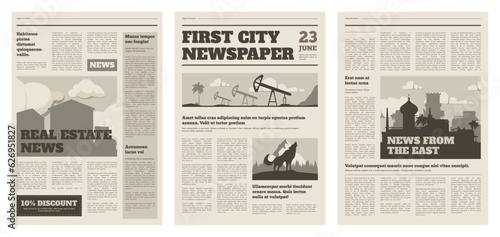 Newspaper mockup. Vintage press grid with pressed text and cover, daily tabloid layout design with press sheets. Vector illustration. Journal cover and pages set with important news or information