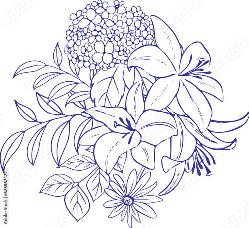 Bouquet of beautiful flowers and leaves. Hand drawn Botanical Illustration with blue ink. Vector outline. Blue on white.
