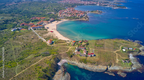 Southern coast of the Black Sea in Bulgaria from above. Drone photo. Top view of the sea and beaches
