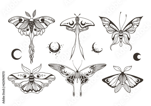 Mystical celestial moth and butterfly clipart bundle, magic black and white insects silhouettes in vector, unreal hand drawn night moth, isolated elements set